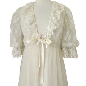 vtg TOSCA LINGERIE nightgown robe peignoir set S pale yellow lace trim